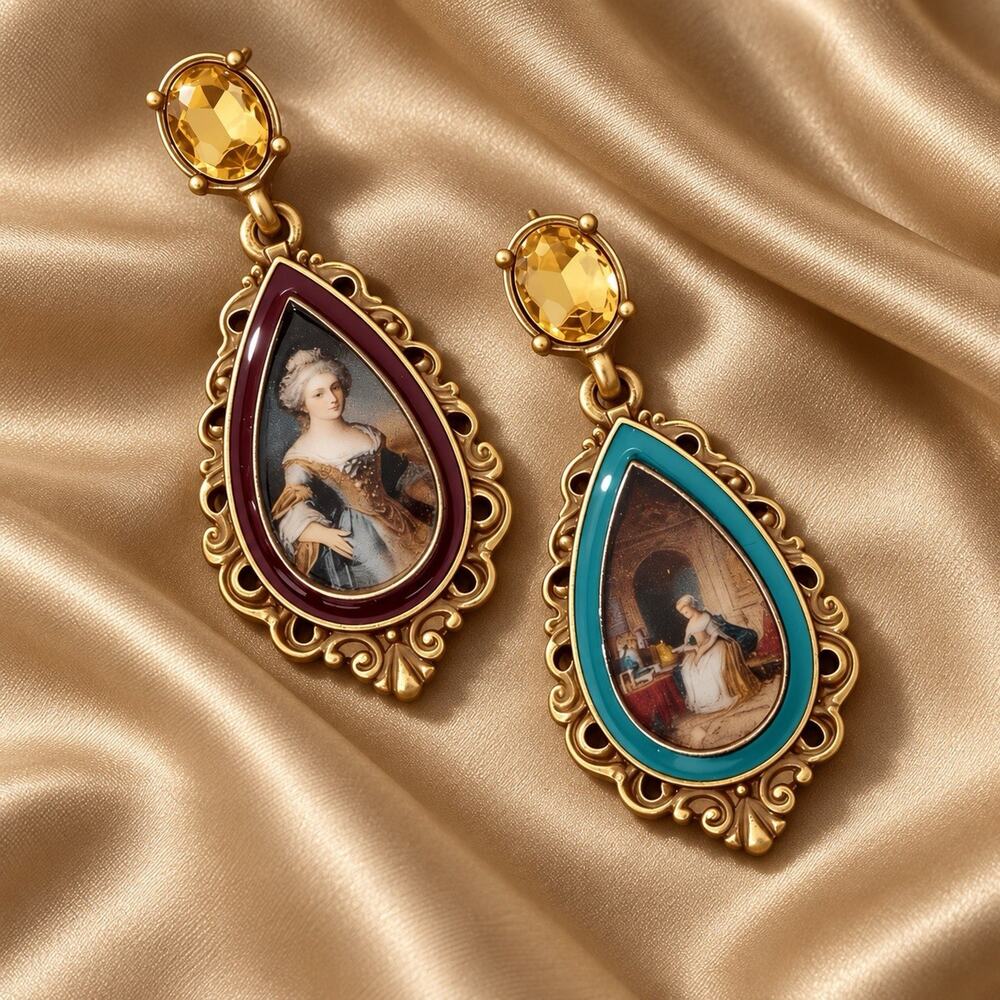 Antique Portrait Museum Earrings VTG Mismatch Gold Oil Painting Teardrop Court